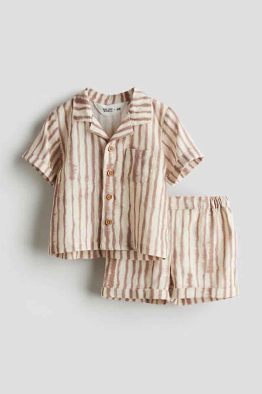 H&M Beige Striped Button Down Shirt & Shorts 2 Piece Outfit Size 12 Months Linen